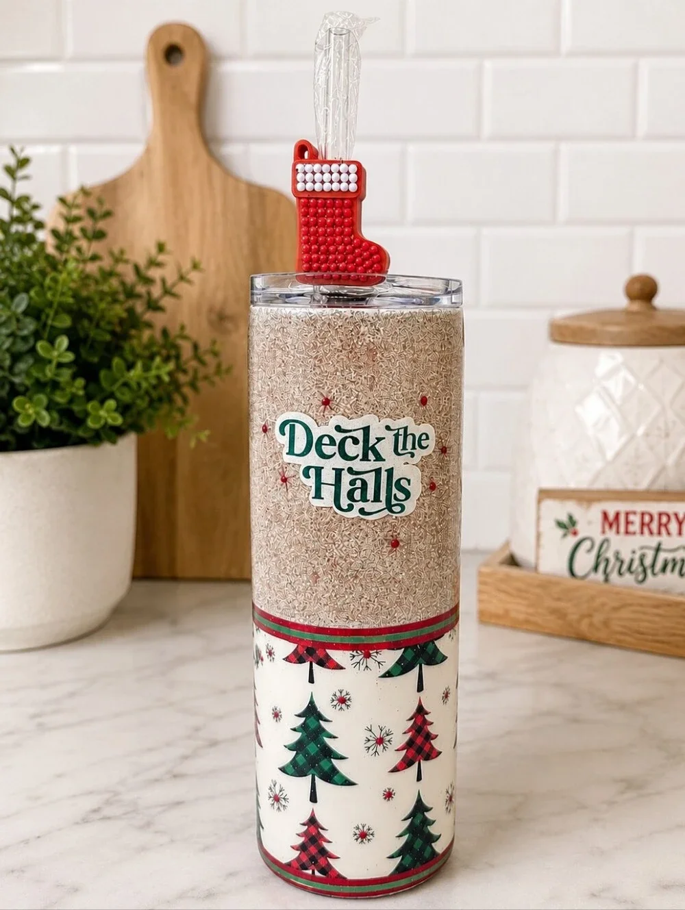 Handmade Christmas Tumbler 20oz Skinny Glitter Holiday Cup Gift Deck the Halls